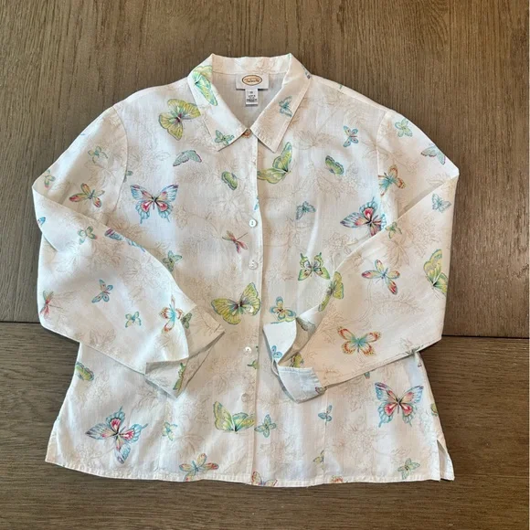 Talbots 100% Linen Button Down Blouse Size 10 Butterfly Print - Picture 2 of 13